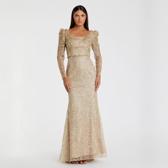 Mac Duggal Dresses & Skirts - NWT Mac Duggal Gold Embroidered Lace Applique Shoulder Detail Trumpet Gown #8301